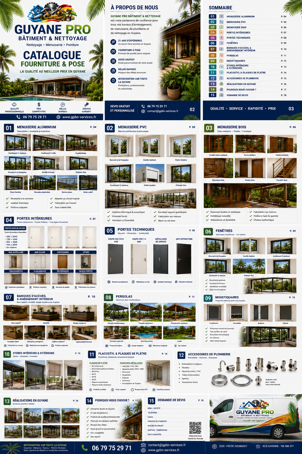Catalogue GPBN — fourniture et pose : menuiserie aluminium, PVC, bois, portes, pergolas, moustiquaires, stores, placostyl et plomberie en Guyane